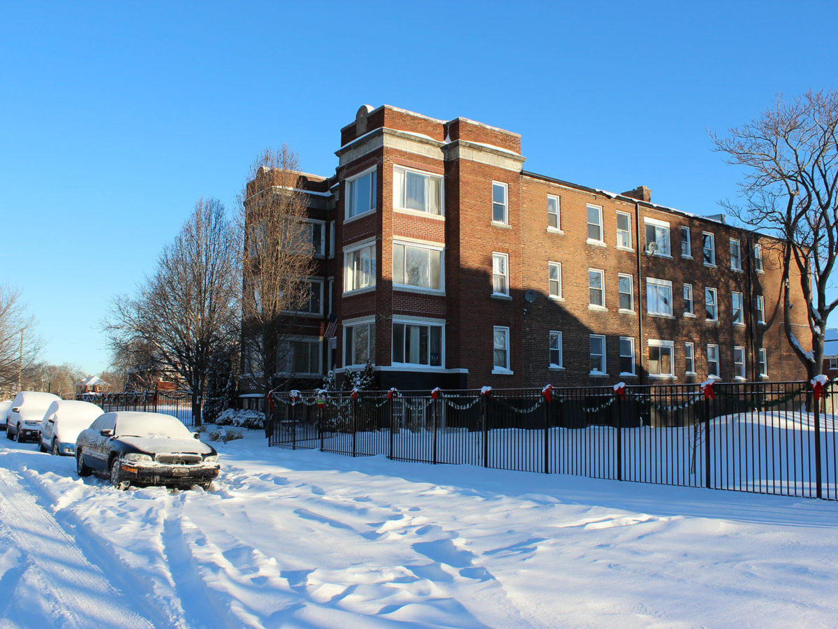 Apartment building from behind during winter, Dunedin Campus
